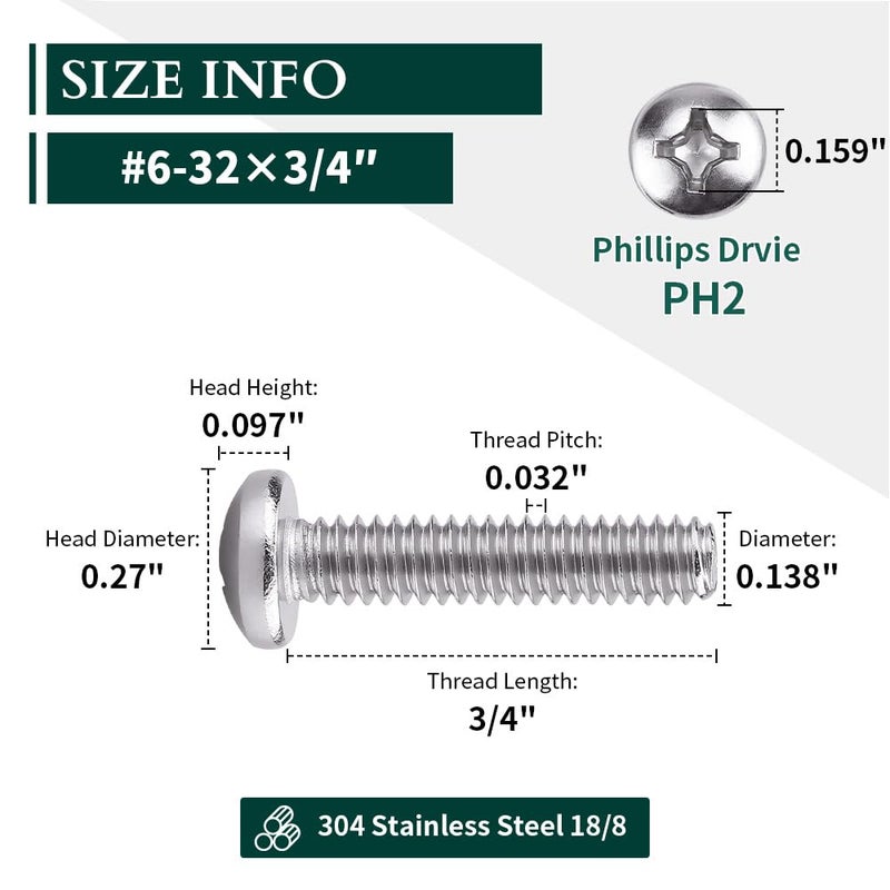 EASTLO #6-32 x 3/4" Pan Head Machine Screw, Phillips Drive, 304 Stainless Steel 18-8, Bright Finish, Fully Machine Thread, 100 Pcs - Image 3